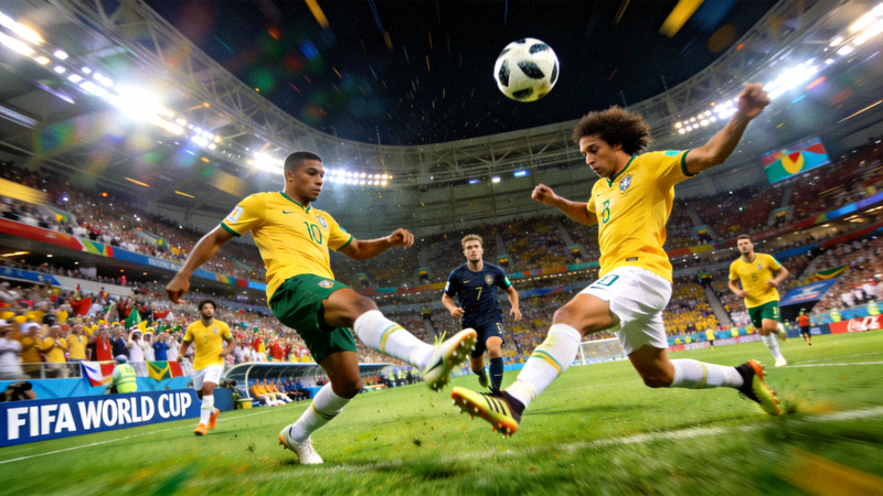 世界杯足球比赛现场，球员正在激烈拼抢的瞬间